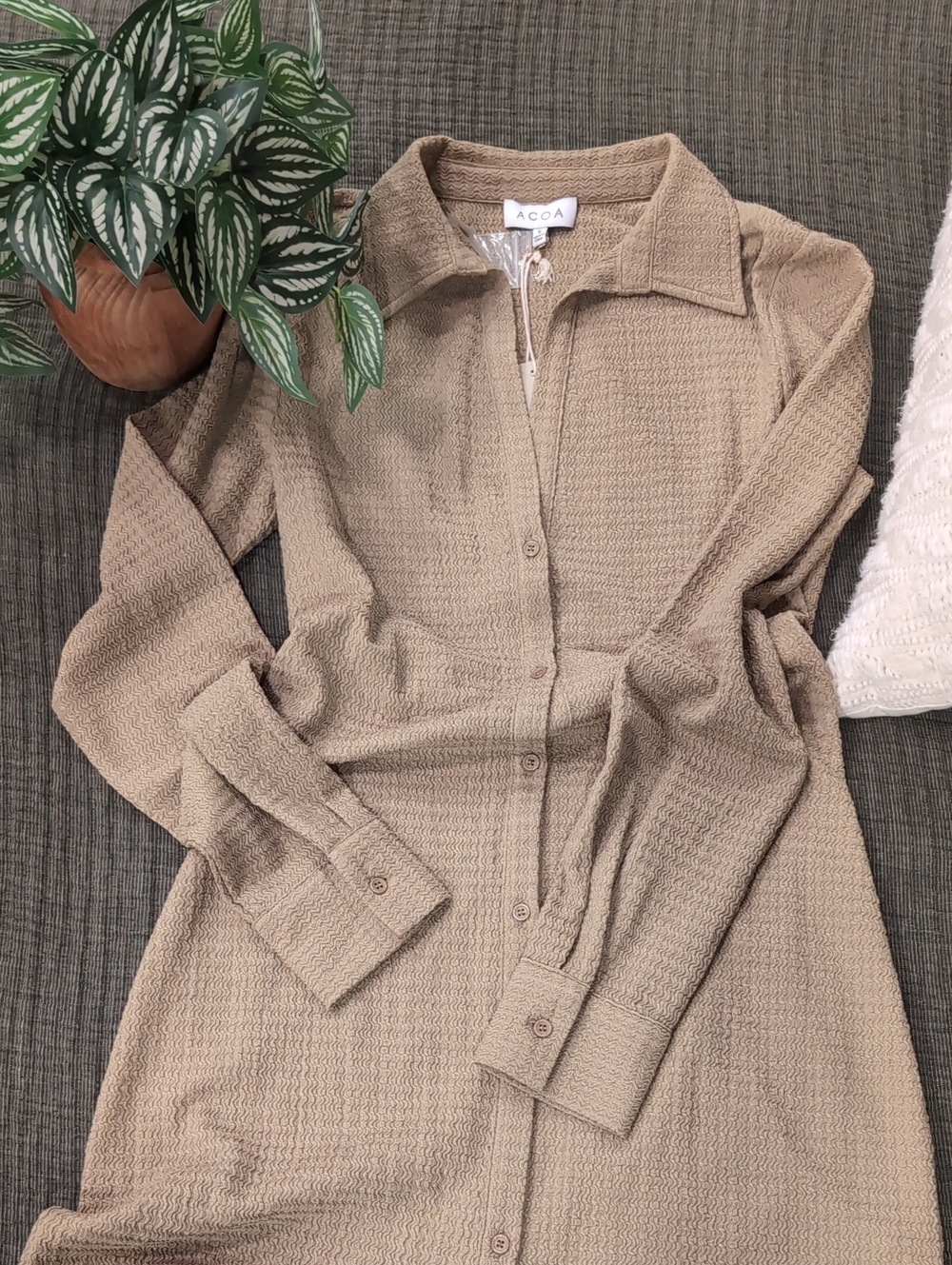 Tan Button-Front Waffle Knit Shirt